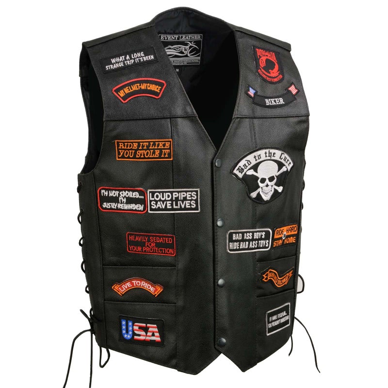EVENT LEATHER ELM3920 Men's Black Leather Pre-Patched Bikers Vest w/ 6 Pockets - 23 Patches and Side Laces - Medium - Image 5